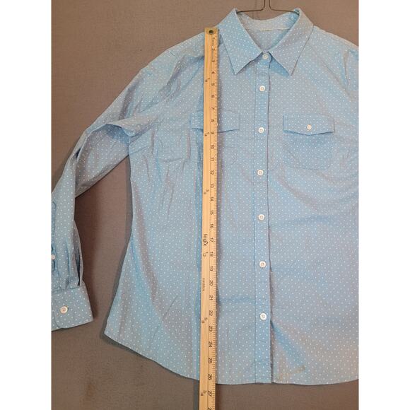 LL Bean Style Women’s Blue Polka Dot Shirt L Roll Tab Sleeves GUC - Picture 6 of 9